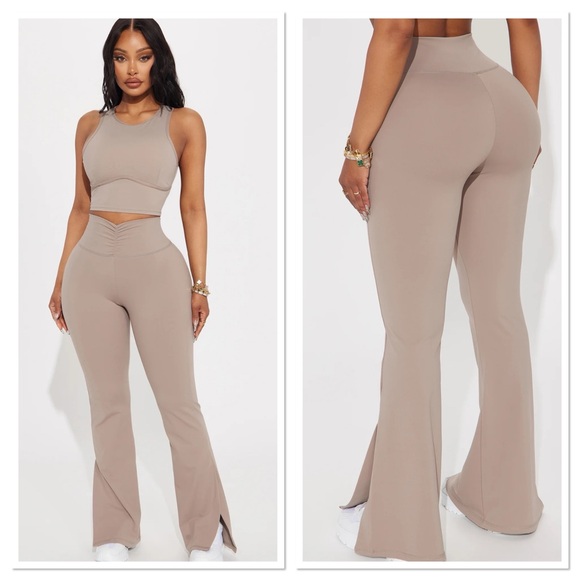 Fashion Nova Pants - Fashion Nova Pilates Girl Active Flare Pant - Taupe Size Small